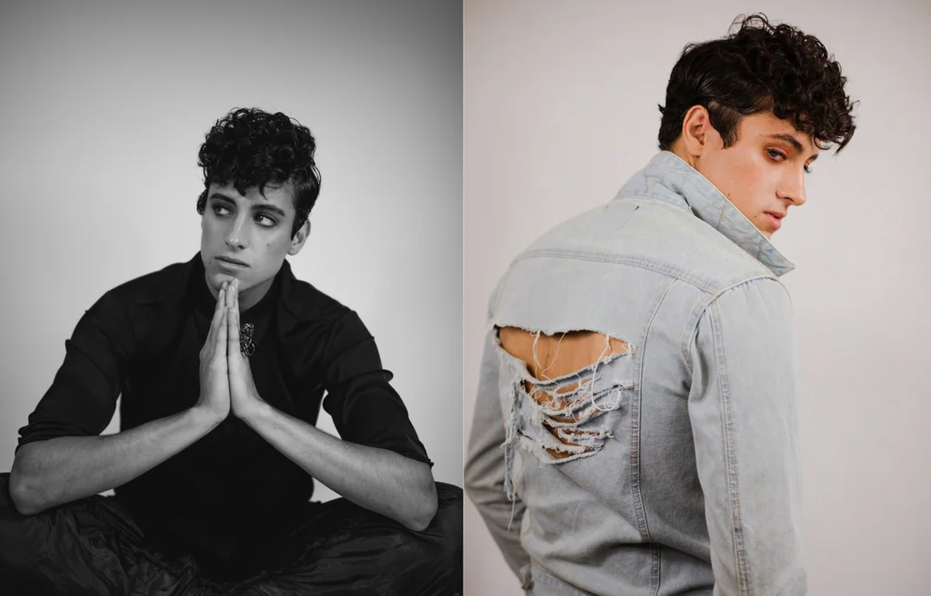 Portrait diptych pairing a black shirt with distressed denim