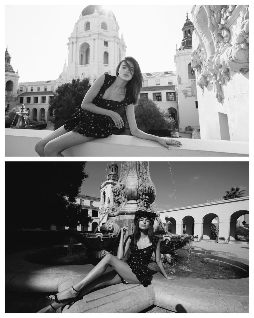 Black-and-white fashion diptych beside an ornate fountain and city architecture