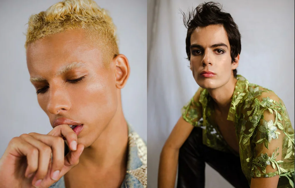 Colour portrait diptych with embroidered shirts and soft studio light
