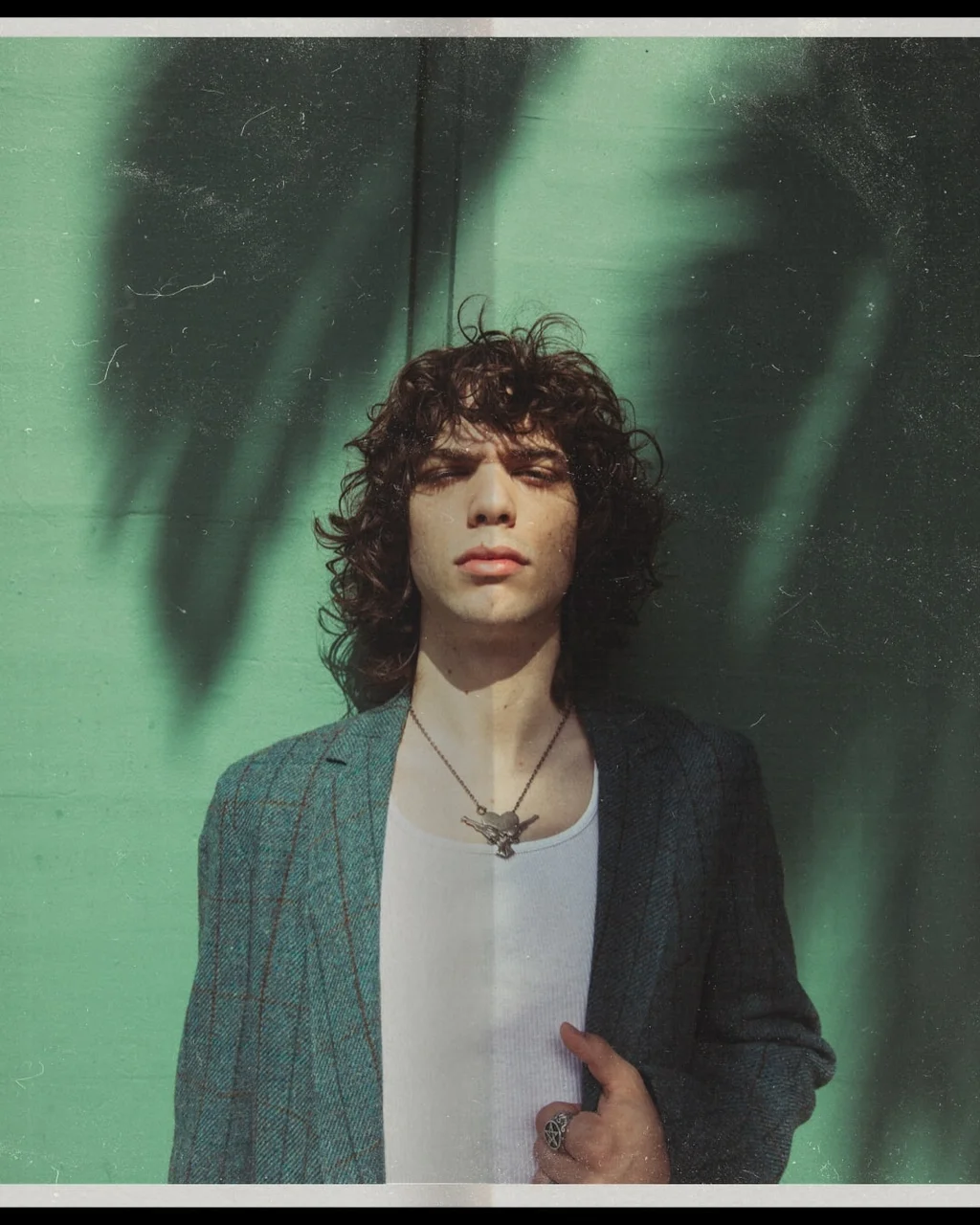 Portrait in a blue jacket against a green wall crossed by shadows