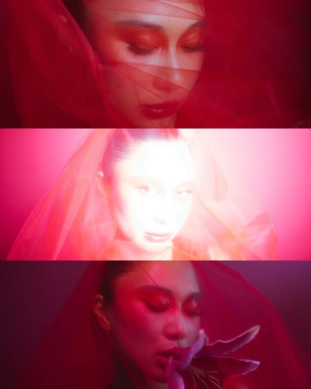 Three layered portraits in red and pink light