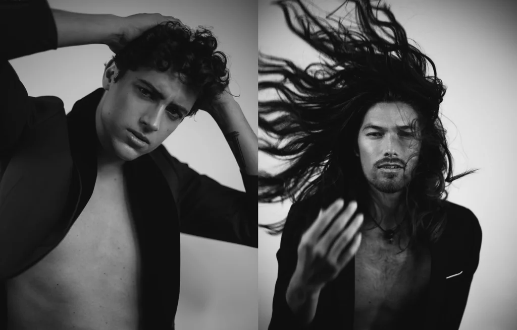 Two expressive black-and-white portraits arranged as a diptych