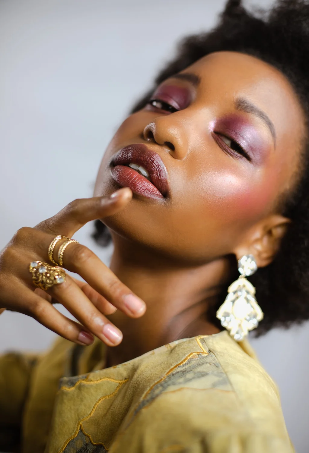 Beauty portrait with pink eyeshadow, gold earrings and soft light