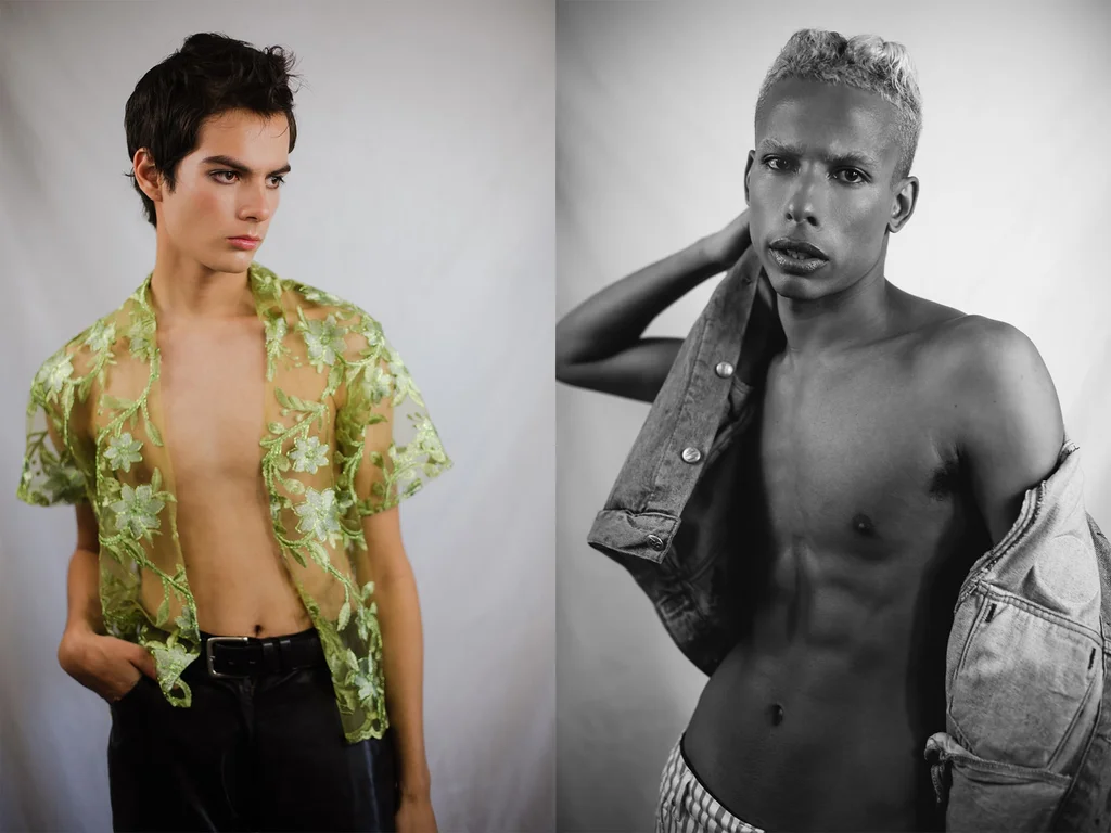 Portrait diptych pairing a green embroidered shirt with monochrome denim